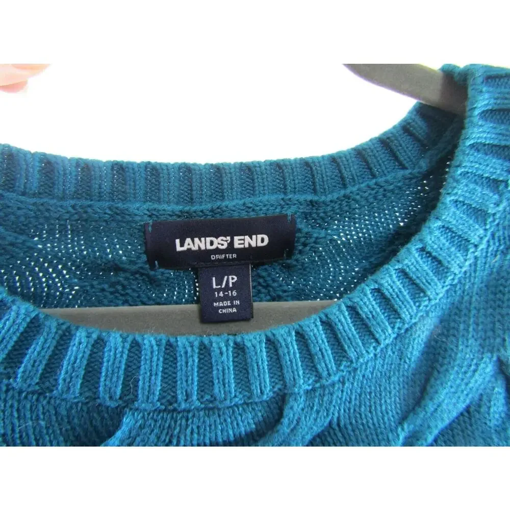 Lands'End Drifter Cable Knit Sweater‎ Womens Large Blue/Green Boho Coastal Warm